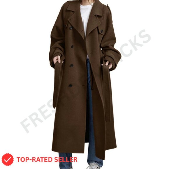 Wool Blend Double Breasted Trench Coat Midi Length Classic Elegant Business
